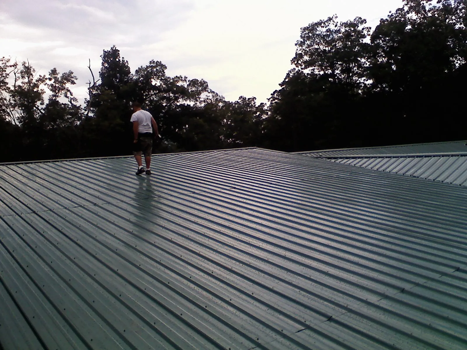 Roofer walking a wide expanse of new green metal roofing in Ocoee